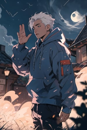 masterpiece, best quality, 1man ,waving hand, wearing hoodie, cool boy, light particles, night,moon, TRIMMED WHITE HAIR, GIRL,SAM YANG