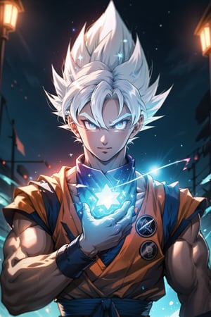 1man, solo, medium shot, goku ultra instinct,goku turtle outfit , orange and blue outfit,ki charge, ((night time)), bokeh, neon light, bright skin, iridescent eyes, starry sky, red shimmer hair, blue eyebrow, glowing white hair, (iridescent white hair), bright white aura ki, bangs,   blurry background, blurry, looking at viewer, hair, portrait, shattered glass,drow,yorha no. 2 type b,GOKUOUTFIT,triangle black hole