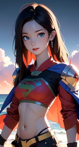 centered, masterpiece, korean supergirl, lowleg black shorts, midriff, navel, wet body in the beach, rainbow in the sky, natural skin texture, soft cinematic light, adobe lightroom, photolab, hdr, intricate, elegant, highly detailed, sharp focus, (cinematic look), soothing tones, insane details, intricate details, hyperdetailed, low contrast, soft cinematic light, dim colors, exposure blend, hdr, faded, cartoon, (detailed cloudscape:1.1), beautiful face, beautiful eyes, fantasy, dreamlike, unreal, science fiction, perfect light, red moon, | ,yihyun,so-hyun.lvl2