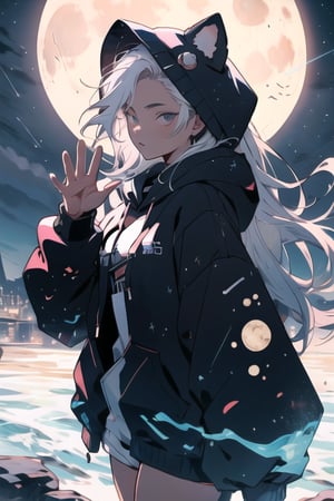 masterpiece, best quality, 1girl ,waving hand, long hair, wearing hoodie, cool boy, light particles, night,moon,LONG WHITE HAIR, GIRL