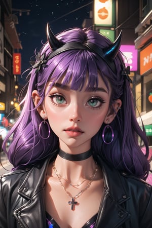 goth_punk, 1girl, solo, medium shot, walking in harajuku, ((night time)), bokeh, neon light, iridescent eyes, starry sky, orange shimmer hair, white eyebrow, glowing hair, (iridescent purple hair), earrings, bangs, jewelry, piercings, jewelry, ring, cross, piercing, tattoo, collar, necklace, ear piercing, bangs, earrings, choker, belly button piercing, cross necklace, hairband, horns, twintails, symmetrical face, blunt bangs, green eyes, blurry background, blurry, hair ornament, looking at viewer, long hair, portrait