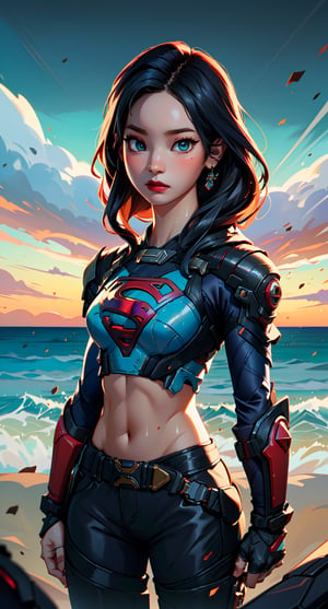 centered, masterpiece, korean supergirl, lowleg black shorts, midriff, navel, wet body in the beach, rainbow in the sky, natural skin texture, soft cinematic light, adobe lightroom, photolab, hdr, intricate, elegant, highly detailed, sharp focus, (cinematic look), soothing tones, insane details, intricate details, hyperdetailed, low contrast, soft cinematic light, dim colors, exposure blend, hdr, faded, cartoon, (detailed cloudscape:1.1), beautiful face, beautiful eyes, fantasy, dreamlike, unreal, science fiction, perfect light, red moon, | ,yihyun,so-hyun.lvl2,Science Fiction