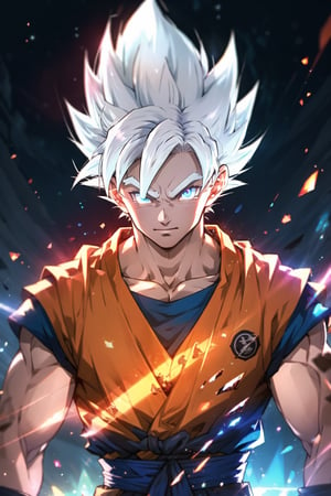 1man, solo, medium shot, goku ultra instinct,goku turtle outfit , orange and blue outfit,ki charge, ((night time)), bokeh, neon light, bright skin, iridescent eyes, starry sky, red shimmer hair, blue eyebrow, glowing white hair, (iridescent white hair), bright white aura ki, bangs,   blurry background, blurry, looking at viewer, hair, portrait, shattered glass,drow,yorha no. 2 type b,GOKUOUTFIT,triangle black hole