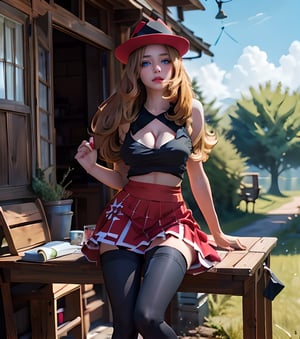 SERENA \(POKEMON\), 1girl, long hair, highly detailed, big boobs, (( visible thighs)), masterpiece, ((full body)), green forest, wooden table, yellow tent, blue sky, ((red skirt)), ((black thigh highs)), seductive, ((cleavage)), black top, wide red hat, detailed eyes, 1GIRL, (athletic body), cinematic lighting, realistic lights, masterpiece, ,brendan \(pokemon\),handpull