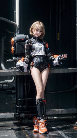 1 girl , NSFW , bare vagina ,multicolored_hair Orange & Blond , cute girl, proper pretty eyes, cheeky grin , short Pixie hair , appendages in matching pairs , proper robot Sneakers , proper robot hands , Sci-fi, ultra high res, futuristic , {(little robot)}, {(solo)}, full body , {(complex, Machine background ,spaceship interior background, Mecha Transport parts)}