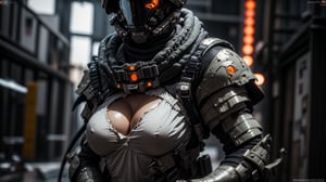 Super Sexy Superheroines, ultra-detailed, 
((High resolution)),((high detailed)), cowboy shot, photorealistic, masterpiece, official art, space battlefield background, blur backgound, raw photo, best quality, 8k resolution, 
sole_female, character focus, 24 years old, black hair, short hair, futuristic military armor, futuristic military armory girl, Sexy futuristic military armor suit, holding futuristic military gun, neon light futuristic military suit, beautiful eyes, (delicate face), perfect detail, perfect feet, sexy legs, medium breast, lots of exposed skin,((full body shot)) , prepare to combat, ((futuristic full face helmet)), cleavage cutout, torn clothing, torn armor, ripped armor, damaged armor, dirty armor, wounded face, dirty face,
cinematic lighting, dark studio, ((hyper detailed face)),((hyper detailed eyes)),(((exposed thighs))), futuristic military armor, 
