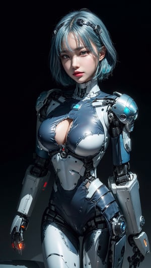 Super Sexy Superheroines, ultra-detailed, 
((High resolution)),((high detailed)), cowboy shot, photo realistic, masterpiece, official art, centered, upper body, masterpiece, | 1girl, solo, pure face, (aqua hair), short hair, light blue eyes, full body, robotic legs, robotics arms, robotic body, robotic hands, futiristic, robotic, mechanical, armored, standing, (blue robotic body), mecha, | bokeh, depth of field, vaporwave colors scheme, |