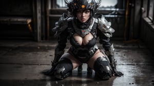 Super Sexy Superheroines, ultra-detailed, 
((High resolution)),((high detailed)), cowboy shot, photorealistic, masterpiece, official art, space battlefield background, blur backgound, raw photo, best quality, 8k resolution, 
sole_female, character focus, 24 years old, black hair, short hair, futuristic military armor, futuristic military armory girl, Sexy futuristic military armor suit, holding futuristic military gun, neon light futuristic military suit, beautiful eyes, (delicate face), perfect detail, perfect feet, sexy legs, medium breast, lots of exposed skin,((full body shot)) , prepare to combat, ((futuristic full face helmet)), cleavage cutout, torn clothing, torn armor, ripped armor, damaged armor, dirty armor, wounded face, dirty face,
cinematic lighting, dark studio, ((hyper detailed face)),((hyper detailed eyes)),(((exposed thighs))), futuristic military armor, 
