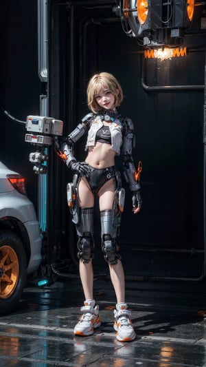 1 girl , NSFW , bare vagina ,multicolored_hair Orange & Blond , cute girl, proper pretty eyes, cheeky grin , short Pixie hair , appendages in matching pairs , proper robot Sneakers , proper robot hands , Sci-fi, ultra high res, futuristic , {(little robot)}, {(solo)}, full body , {(complex, Machine background ,spaceship interior background, Mecha Transport parts)}