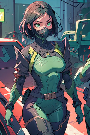 masterpiece, best quality, valorantViper, green eyes, bodysuit, gloves, belt, thigh boots, respirator