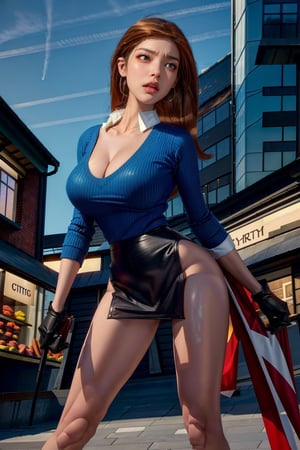 gwentennyson, (masterpiece), beautifull, (masterpiece), glowing lightings,( city, buildings, light, shops:1.4), glow, sparkles, defined boobs, brown orange long hairs, white shirts with visible collars, blue sweater, black skirt, black thigh highs, (back view:1.5), sexy thighs, looking at the viewer, seductive, sexy, (nice thighs:1.4), (long shot:1.4), (mid shot:1.4), hot figure, glowing image, sexy body