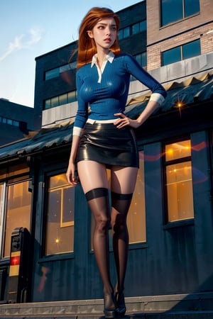 gwentennyson, (masterpiece), beautifull, (masterpiece), glowing lightings,( city, buildings, sunlight, shops:1.4), glow, sparkles, big boobs, brown orange long hairs, white shirts with visible collars, blue sweater, black skirt, black thigh highs, seductive, sexy, (nice thighs:1.4), (long shot:1.4), (mid shot:1.4), (from below:1.3), hot figure, looking to the viewer, glowing image, 