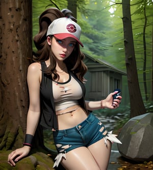  def1, hilda, realistic, (( high detailed)), realism, short_pants, long shot ,seductive, big boobs, (( torn ripped clothes)), visible legs, (( thighs)), ,Detailedface, ,Detailedeyes, pokeball in hand, detailed background, forest, stone house,