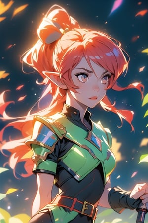 Vibrant colors, masterpiece, sharp focus, best quality, depth of field, cinematic lighting, girl, dusk, forest, cloud, shinny hair, shinny skin, bodysuit, elf light armor, elf clothes, elf girl, pointy ears, red hair, Antenna hair, spiked hair, short hair with side locks, orange eyes, short hight ponytail, black thigh boots, belt, short shorts, hair between eyes, bow (weapon), holding bow, more prism, vibrant color, drawing bow,upper body,(action pose)