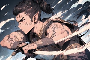 (((masterpiece))), (((best quality))), (((ultra-detailed))), (((thicker lines))), (((Sharp focus))), (illustration), young warrior, with short cool shaved hair black, light brown skin and tribal tattoo on his face((((male)))(((man)) facing the viewer, a less hair on the sides, elf warrior, 2 handed swords(full body)(perfect hands), hairstyle short pony tail 