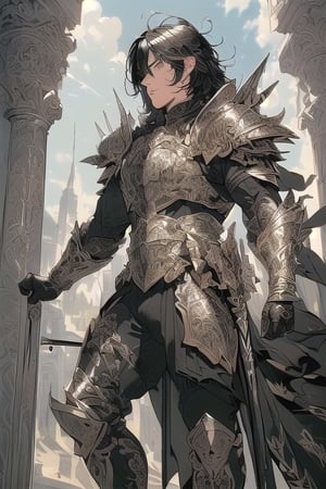 (((masterpiece))), (((best quality))), (((ultra-detailed))), (((thicker lines))), (((Sharp focus))), (illustration)(((((male))(((masterpiece))), (((best quality))), ((ultra-detailed)), (illustration), 1boy,  black hair,  full body,  full armor. [consistency 01], cámara desde arriba 