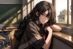 school uniform, She was sitting in the back of the class, her long dark hair cascading over her shoulders, her dark black eyes staring out the window. side look, looking outside the window, in a high school classroom.