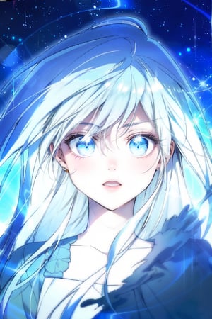 1girl, solo, long hair, looking at viewer, open mouth, bangs, blue eyes, hair between eyes, collarbone, upper body, white hair