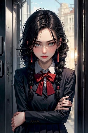 1girl, solo, looking at viewer, black braided hair, upper body, earrings, school uniform dress, villainess