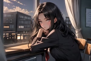 She was sitting in the back of the class, her long dark hair cascading over her shoulders, her dark black eyes staring out the window. side look, looking outside the window, in a high school classroom.