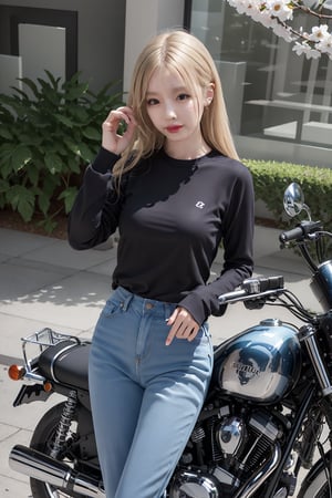 1girl, solo, blonde hair, long sleeves, sitting, outdoors, day, pants, tree, denim, cherry blossoms, ground vehicle, motor vehicle, realistic, hand on own head, motorcycle