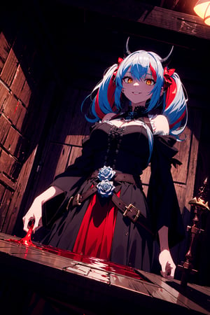 dutch angle,from below,best quality,(wide Shot,masterpiece,ultra detailed 8k art),best hands,(2 horns,focus 1 Girl of Death face),tilt one's head,(cmulti colored hair:1.3), low twintails,evil smile,glowing yellow eyes,Black dress,(Grab the golden grim reaper's scythe) BREAK
(red pool,last judgment:1.2),red pool with floating White Rose, scary,Wall with mysterious carvings,gothic,catacombs,Rose,labyrinth, complex building,High ceilings, large spaces