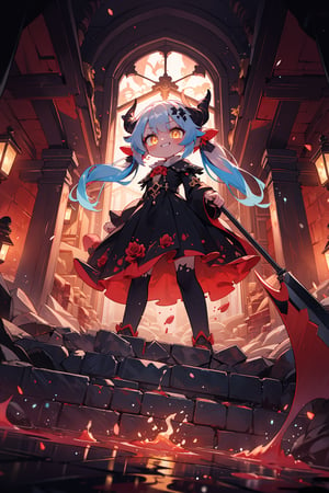 dutch angle,from below,best quality,(wide Shot,masterpiece,ultra detailed 8k art),best hands,(2 horns,focus 1 Girl of Death face),tilt one's head,(cmulti colored hair:1.3), low twintails,evil smile,glowing yellow eyes,Black dress,(Grab the golden grim reaper's scythe) BREAK
(red pool,last judgment:1.2),red pool with floating White Rose, scary,Wall with mysterious carvings,gothic,catacombs,Rose,labyrinth, complex building,High ceilings, large spaces