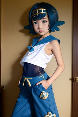 masterpiece,best quality,1girl,little girl,loli,Naked,Lana_Pokemon, sailor collar, sleeveless shirt, blue pants, 