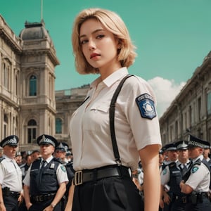 xxmix_girl,best quality,masterpiece,highres1girl,Photograph,high resolution,8k,girl,blonde, Emerald background,,nudexxmix girl woman,middle brest ,Lady police quiting her job in center surrounded by more police officers quitting their jobs