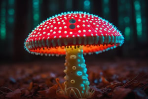 (art by Victor Brauner:0.9) , Mesmerizing 1 mushroom fly agaric, Wretched fluorescent patterns, stylized, background is [Sofia|Tunnel], Bokeh, Shameful, Mushroomcore, 35mm, Vivid hue