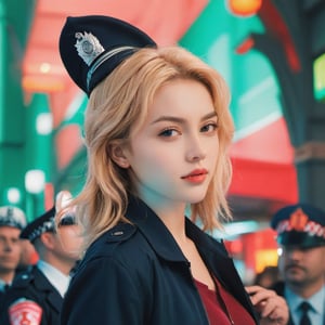 xxmix_girl,best quality,masterpiece,highres1girl,Photograph,high resolution,8k,girl,blonde, Emerald background,,nudexxmix girl woman,middle brest ,Lady police quiting her job in center surrounded by more police officers quitting their jobs