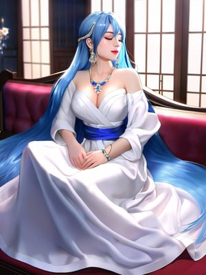 photo realistic, 1girl, arm support, blue hair, big breasts, closed eyes, dress, earrings, jewelry, lips, long hair, long sleeves, lying, makeup, realistic, robe, sash, see-through, simple background, sitting, solo, white dress