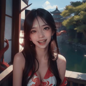 Nee, a 18yo Thailand pretty girl with Gray bright eyes,  with very long curly hair,  laughing in the sunlight alone,  Red Chinese dragon in background,  hyper realistic, highly detailed ,  Kyoto Animation,  deep Blue tones,  