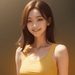 Nee,  a 18yo Thailand beautiful woman  , wearing Yellow tank top shirt, standing smiling in the sunlight alone,  hyper realistic,     YELLOW theme,  hallucinations,  complex,  sharp focus,    very impressive and dramatic Happy
