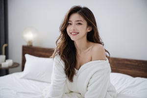 xxmix_girl, 1girl,smile,best quality,8k,fluffy long hair,messy hair, on the bed,mattress commercial
,white nightclothes,,in the white room,night,