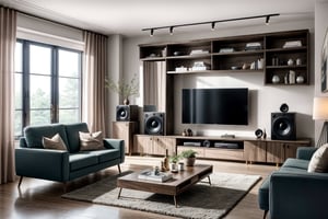 Very beautiful modern living room with high details, very beautiful modern sofa, klipsch small speaker(Bronze speaker unit
) on the table,