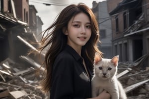 xxmix_girl, 1girl,(18 years old)smile,best quality,8k,fluffy long hair,messy hair,  the klipsch small speaker,cute pig dog cat,
a cute cat,a cute dog,cute pig,ultrarealism, cinematic, (work of art), (masterpiece), (detailed background), (twisted grey tornado shape), flying debris, debris scatter around, strong windy, dusty, (extremely detailed CG 8k unit wallpaper (background scenery of a city are crumbling and destroyed), almost zero lighting.,EpicSky, dark atmosphere, black_sky, magic