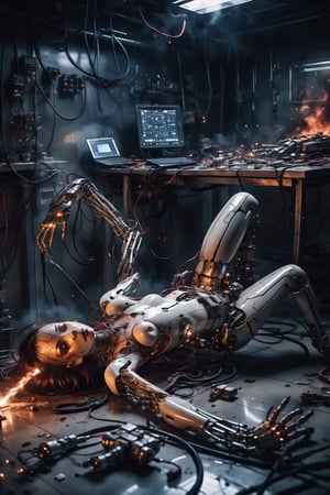 Wrecked biomechanical cyborg sexy woman on floor, lying back, amputated arms and legs, fire sparks from body , in the DIY labs, repair tools, conected wires, simple repair room, attached wires to boob and ass, NSFW, High resolution