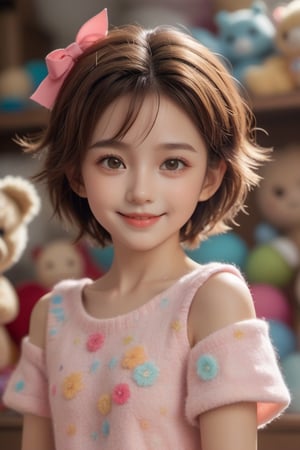 xxmix_girl, 1girl, (8 years old) smile, best quality, 8k, fluffy short hair, messy hair, room full of colorful toys (sunshine), dolls, colorful, cute clothes,
, 3d style, 2 legs, 3d cartoon style