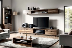 Very beautiful modern TV cabinet(jbl speaker
 on table)
 with high details, very beautiful modern sofa, 