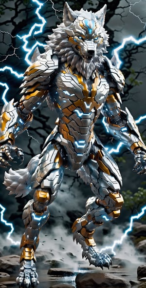 full body shot, (((((wolf-like lighting elemental hybrid))))) with ((((wolf lightning head)))), (((((lightning skin))))), (((lightning body))), (((((metallic spark on body))))), ((fighting pose)), (lightning armor), symmetrical, cyborg style,cyborg style