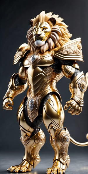 full body shot, anthropomorphic (((((lion king gold elemental hybrid))))) with ((((lion king head)))), (((((gold furry skin))))), (((golden body))), (((((shiny gold on body))))), ((dynamic pose)), (shiny armor), symmetrical, cyborg style, hyper realistic, intricate filigree,oni style