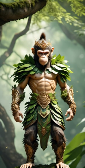full body shot, (((((monkey king earth elemental hybrid))))) with ((((monkey king head)))), (((((leafy skin))))), (((tree bark body))), (((((leafy branches on body))))), ((fighting pose)), (green life armor), symmetrical, cyborg style, hyper realistic