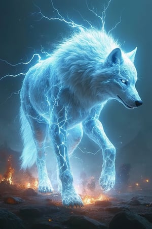 A hyper-realistic image of a tall, lanky, bulky but sleek lightning elemental hybrid in the shape of an ethereal humanoid anthropomorphic wolf, transluscent body made of pure energy with sparks of electricity. intricately detailed. the ground breaks and bursts at his every step forming an explosive debris of rocks and dirt.