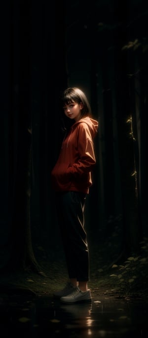 16k, realistic, perfect, dark forest,1 girl, rain,
,rain, big old tree,
, long black hair,
, smiles,
,little girl, (put both hands into the pockets of the red hoodie),
,long black loose trousers,
,seen from afar,perfecteyes,
