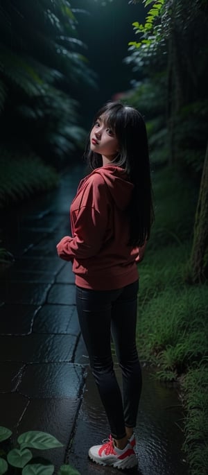 16k, realistic, perfect, dark forest,1 girl, rain,
,rain, big old tree,
, long black hair,
,little girl, (put both hands into the pockets of the red hoodie),
,long black loose trousers,
,seen from afar,perfecteyes,sarahviloid
