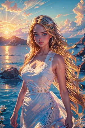 Masterpiece, eyes look away from the viewer, 16k, intricate details, highest resolution, long shot, perfect lighting, unreal engine, colorful, elaborate and detailed scene, the most beautiful girl, perfect face, perfect eyes, sunset on the sea, white summer dress, sunshine reflection on water, wide shot, sailing boats, full body, long wavy blonde hair, windy, better hands,colorful_girl_v2