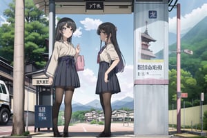 mai sakurajima, beautiful, maihd, phmai, high quality, ph mai,  hair_accessories, yofukashi background, oblong photography, leg, school_uniform, Black Silk Stockings, japan bus stop