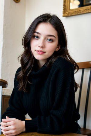 instagram photo, close up portrait of 23 y.o Chloe in black sweater, cleavage, pale skin, (smile:0.4), hard shadows, blue eyes, perfecteyes, sitting in a small cafe in paris, resting chin on hands, thinking, looking up with eyes