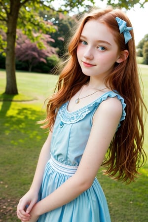 instagram photo, closeup face photo of 16 y.o Chloe, alice in wonderland style, cleavage, pale skin, (smile:0.4), hard shadows, blue eyes, Redhead,  neckline, teen body, adolescent, teen, 13  years old, 